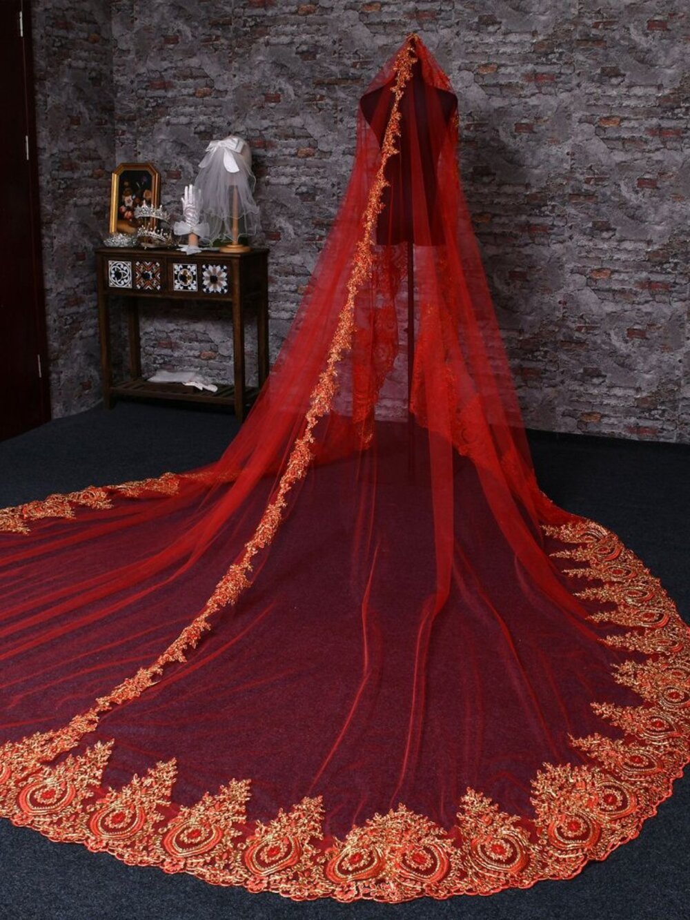 138" Red Gold Lace Trim Cathedral Bridal Veil 1 Tier